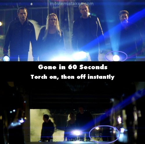 Trong bộ phim Gone in 60 seconds, khi cánh cửa garage ô tô được mở ra, cả nhóm đồng loạt bật đèn dọi thẳng vào trong, nhưng ngay sau đó đã thấy họ tắt đèn.